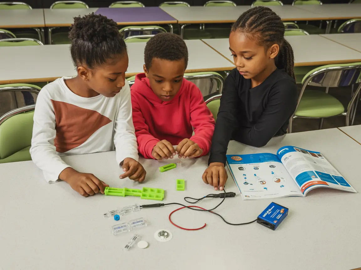 Students exploring electronics and building blocks