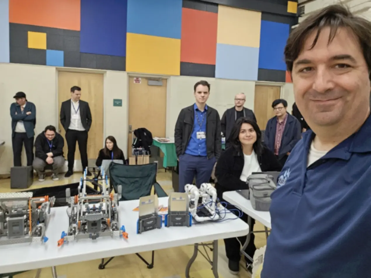 Student-built robots on display at a STEM fair